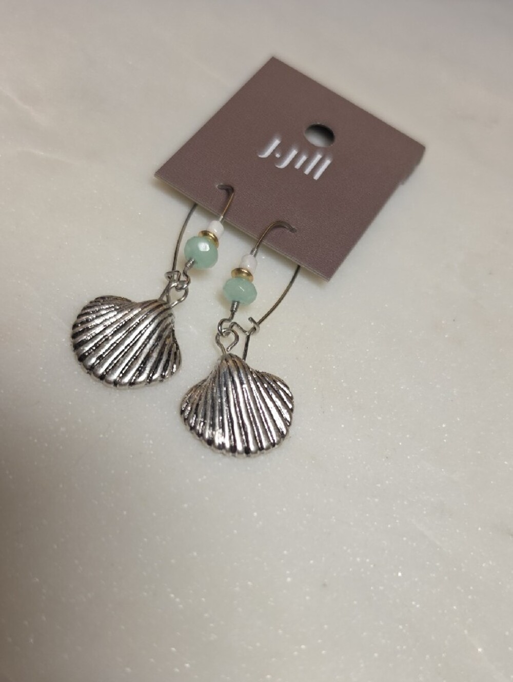 J. Jill Silvertone Shell Drop Earrings with Aqua Colored Beads